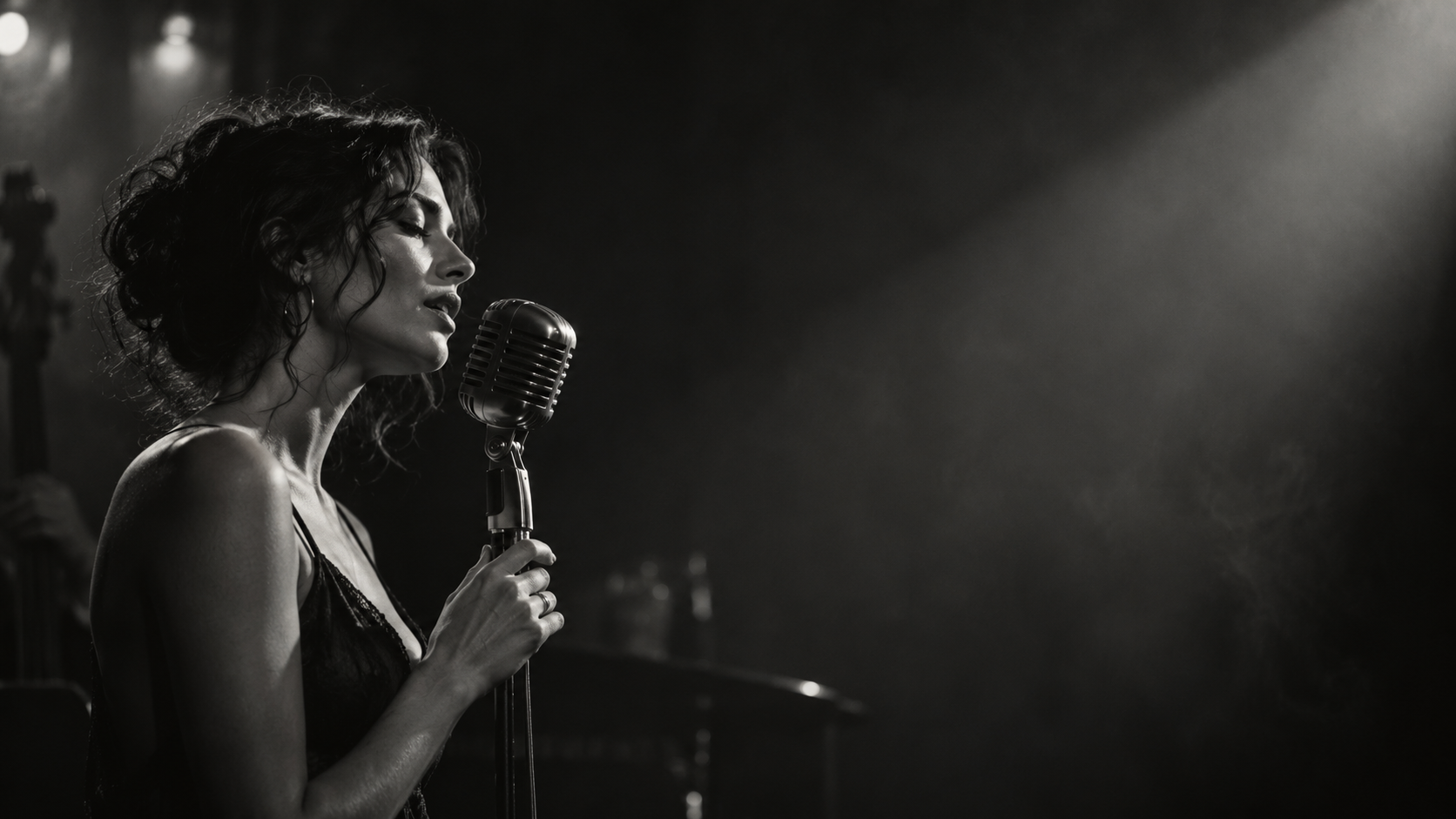 Illustrative monochrome image of a vocalist at a microphone
